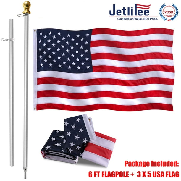 NEW 3'x5' US AMERICAN FLAG Polyester w/ 6' Aluminum Tangle Free Spinner Pole Kit